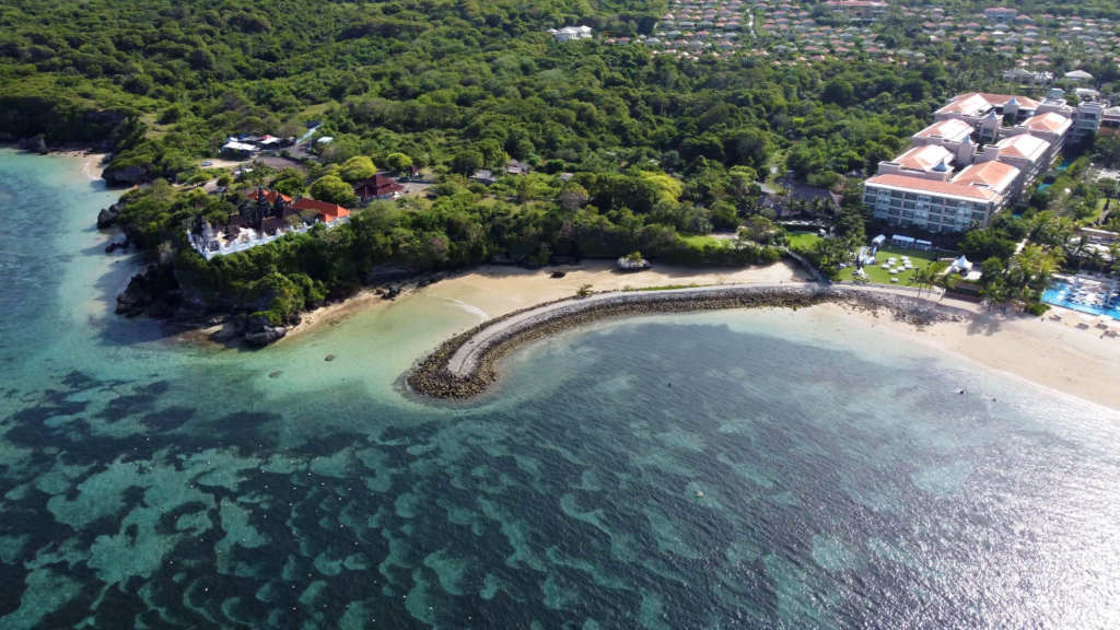 Geger beach drone view 1. Wave breaker view.